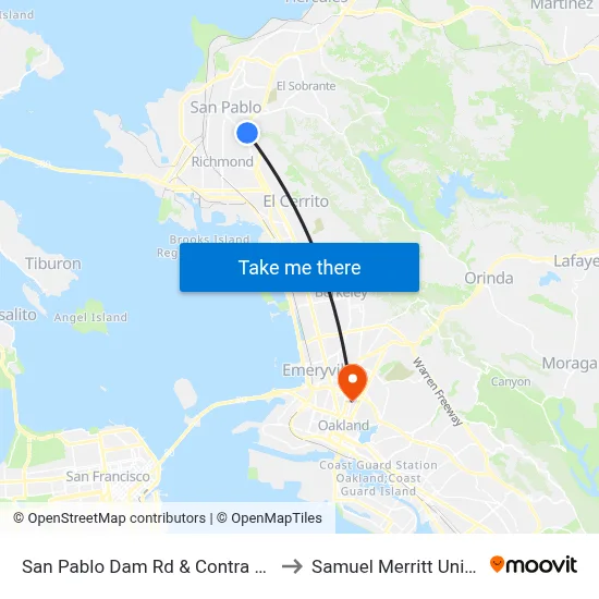 San Pablo Dam Rd & Contra Costa Av to Samuel Merritt University map