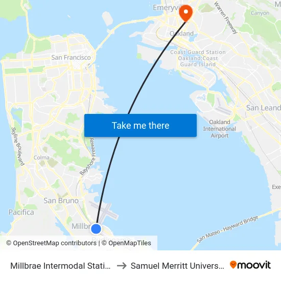 Millbrae Intermodal Station to Samuel Merritt University map
