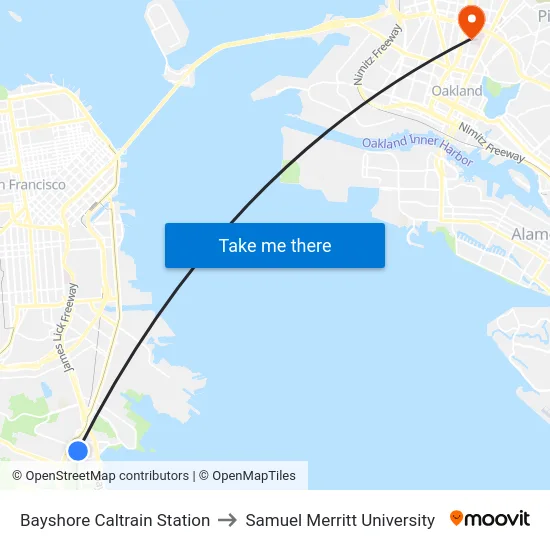 Bayshore Caltrain Station to Samuel Merritt University map