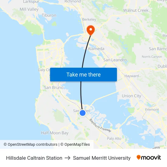 Hillsdale Caltrain Station to Samuel Merritt University map
