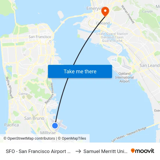 SFO - San Francisco Airport Domestic to Samuel Merritt University map