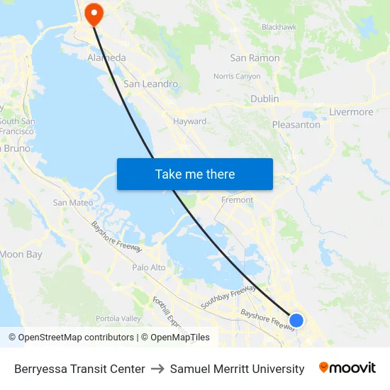 Berryessa Transit Center to Samuel Merritt University map