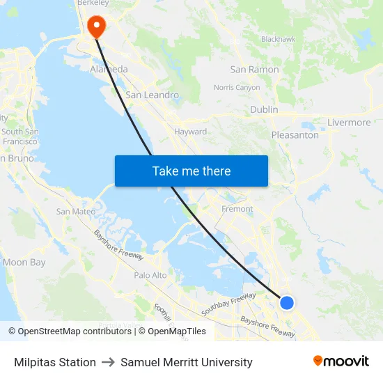 Milpitas Station to Samuel Merritt University map