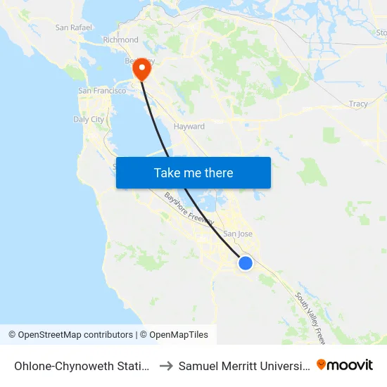 Ohlone-Chynoweth Station to Samuel Merritt University map