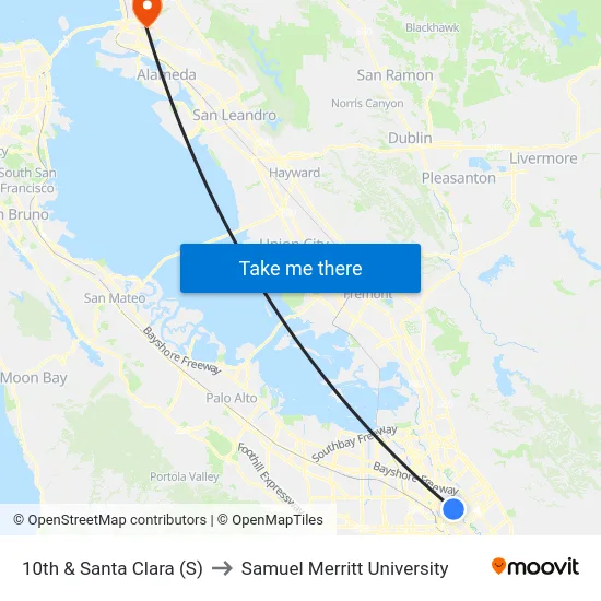 10th & Santa Clara (S) to Samuel Merritt University map