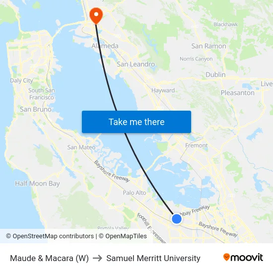 Maude & Macara (W) to Samuel Merritt University map