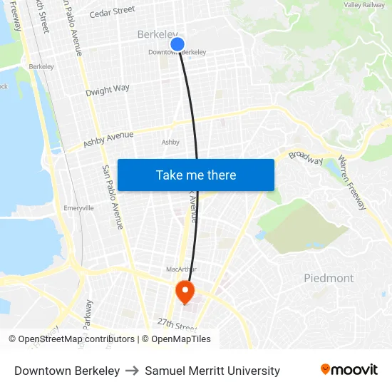 Downtown Berkeley to Samuel Merritt University map
