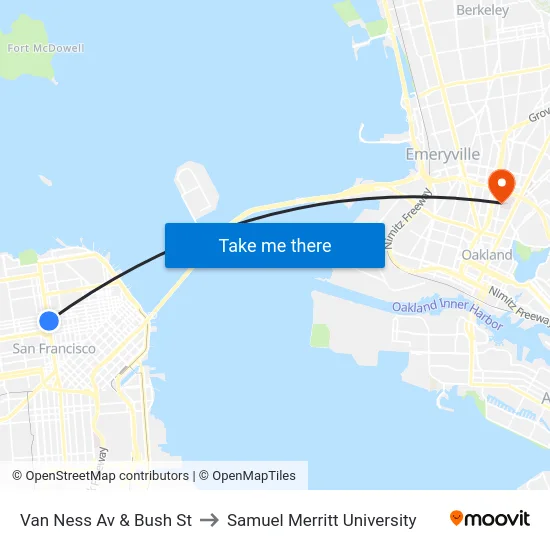 Van Ness Av & Bush St to Samuel Merritt University map