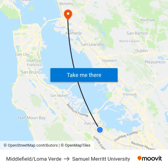 Middlefield/Loma Verde to Samuel Merritt University map
