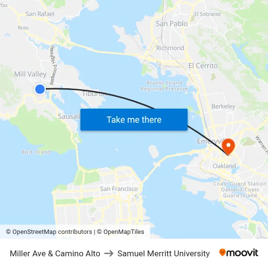 Miller Ave & Camino Alto to Samuel Merritt University map
