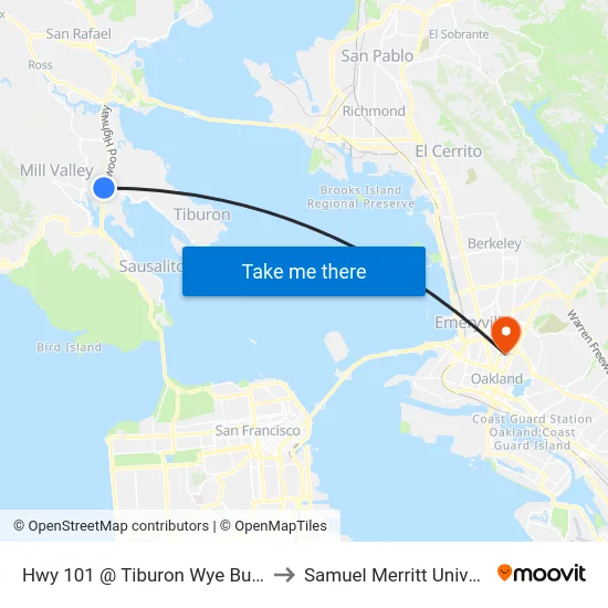 Hwy 101 @ Tiburon Wye Bus Pad to Samuel Merritt University map