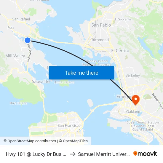 Hwy 101 @  Lucky Dr Bus Pad to Samuel Merritt University map