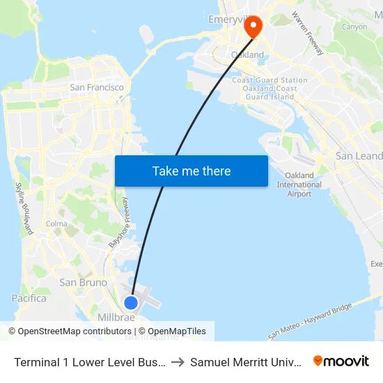 Terminal 1 Lower Level Bus Stop to Samuel Merritt University map