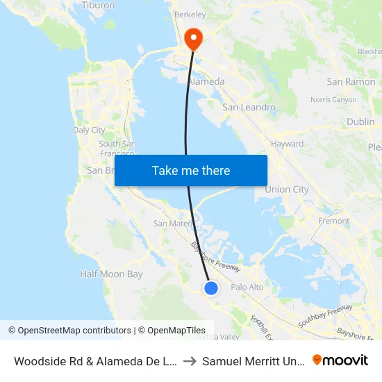 Woodside Rd & Alameda De Las Pulgas to Samuel Merritt University map
