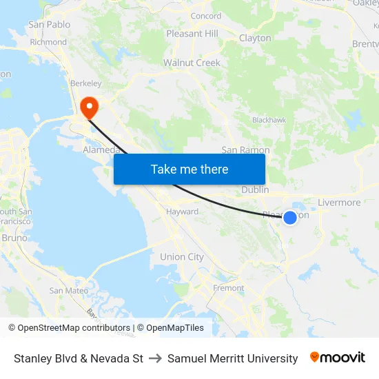 Stanley Blvd & Nevada St to Samuel Merritt University map