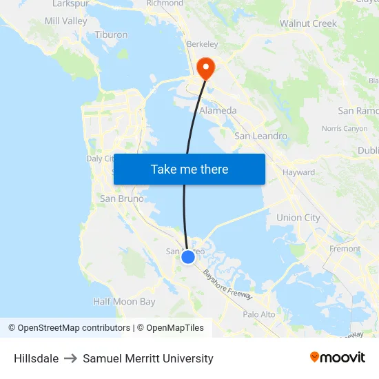 Hillsdale to Samuel Merritt University map