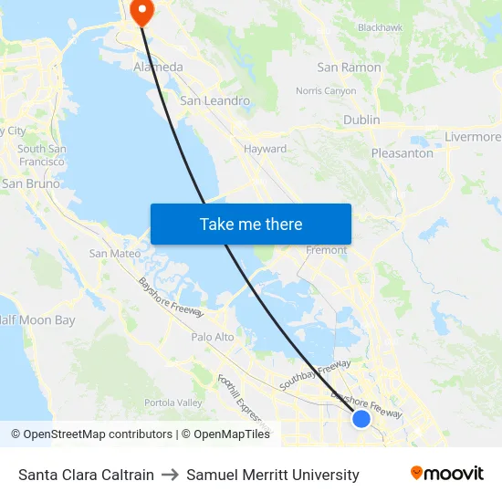 Santa Clara Caltrain to Samuel Merritt University map