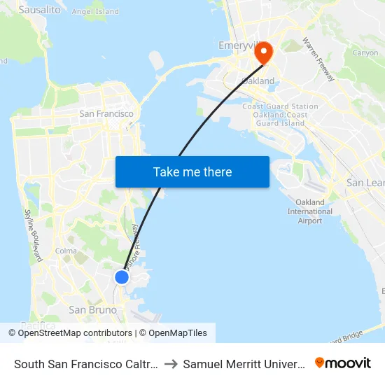 South San Francisco Caltrain to Samuel Merritt University map