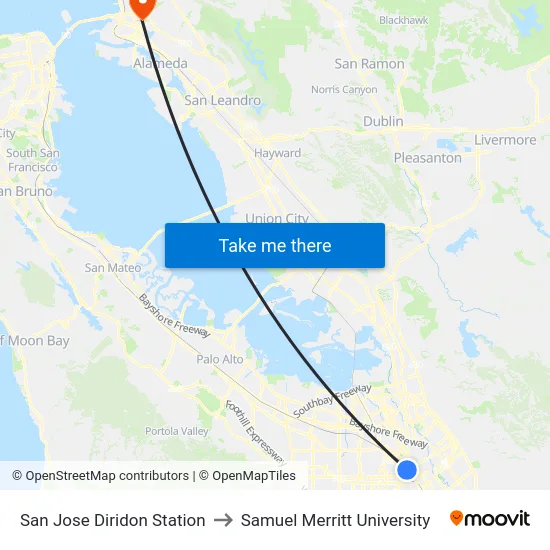 San Jose Diridon Station to Samuel Merritt University map