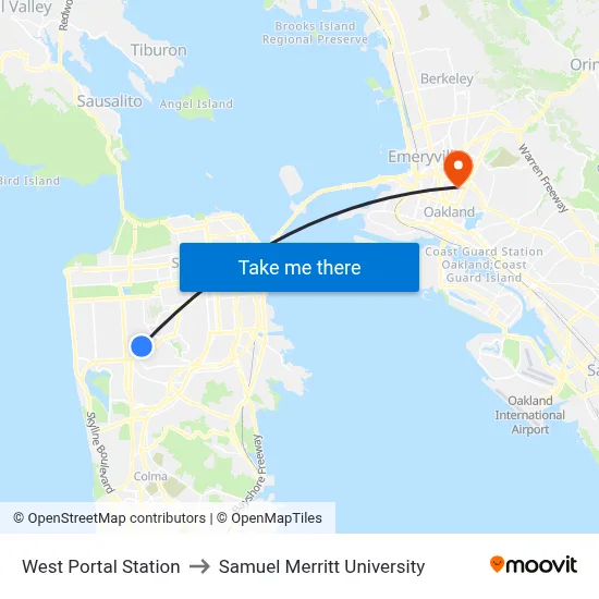 West Portal Station to Samuel Merritt University map