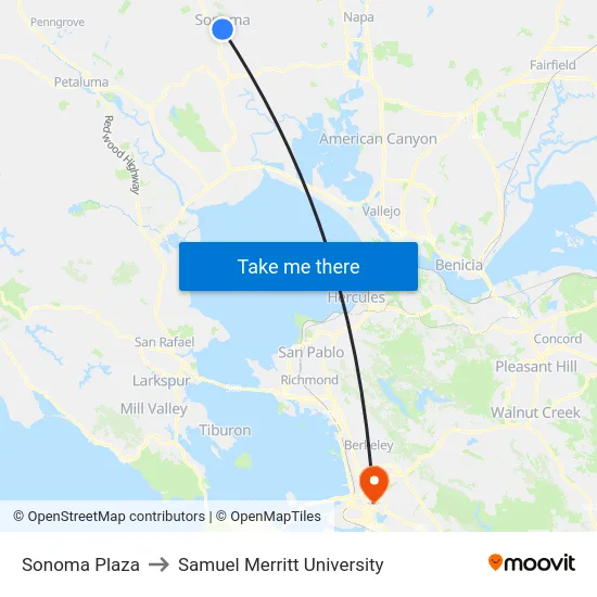 Sonoma Plaza to Samuel Merritt University map