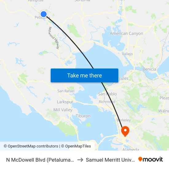 N McDowell Blvd (Petaluma Plaza) to Samuel Merritt University map
