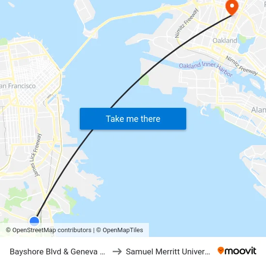 Bayshore Blvd & Geneva Ave to Samuel Merritt University map