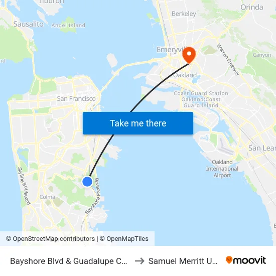 Bayshore Blvd & Guadalupe Canyon Pkwy to Samuel Merritt University map