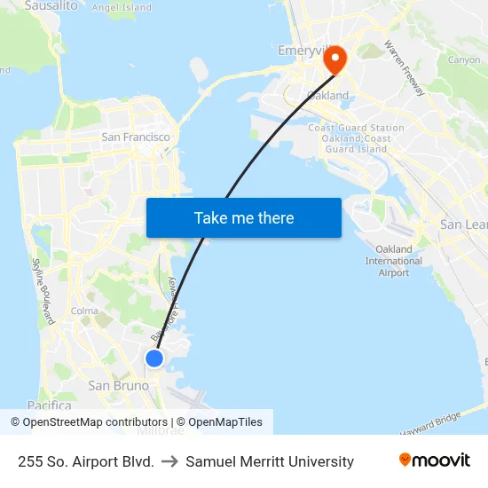 255 So. Airport Blvd. to Samuel Merritt University map