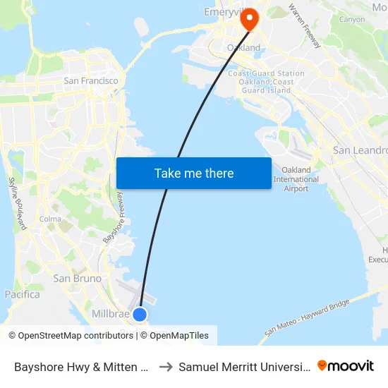 Bayshore Hwy & Mitten Rd to Samuel Merritt University map