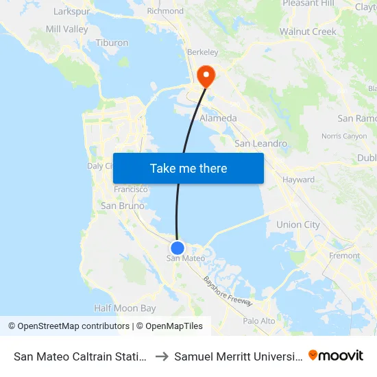 San Mateo Caltrain Station to Samuel Merritt University map