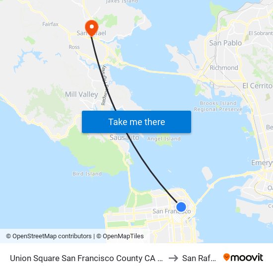 Union Square San Francisco County CA USA to San Rafael map