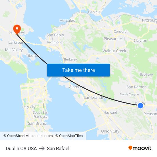 Dublin CA USA to San Rafael map