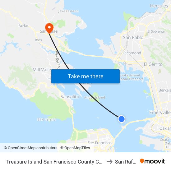 Treasure Island San Francisco County CA USA to San Rafael map