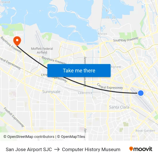 San Jose Airport SJC to Computer History Museum map