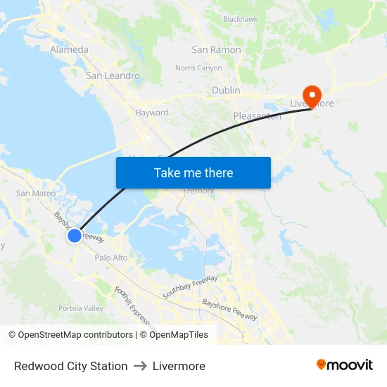 Redwood City Station to Livermore map