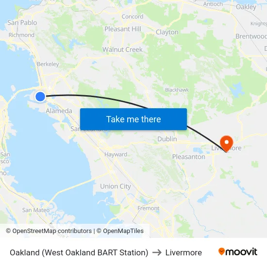 Oakland (West Oakland BART Station) to Livermore map