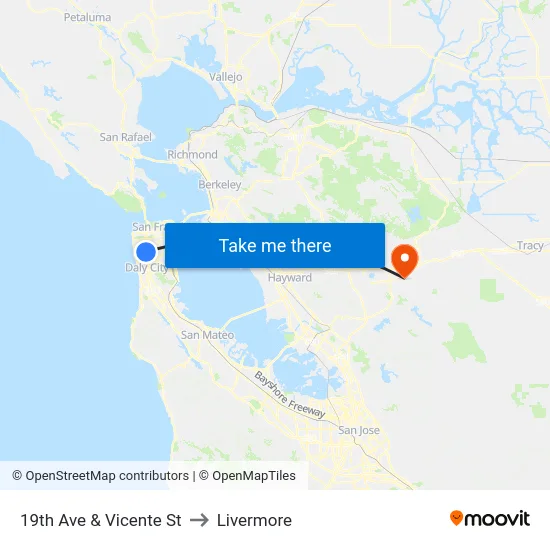 19th Ave & Vicente St to Livermore map