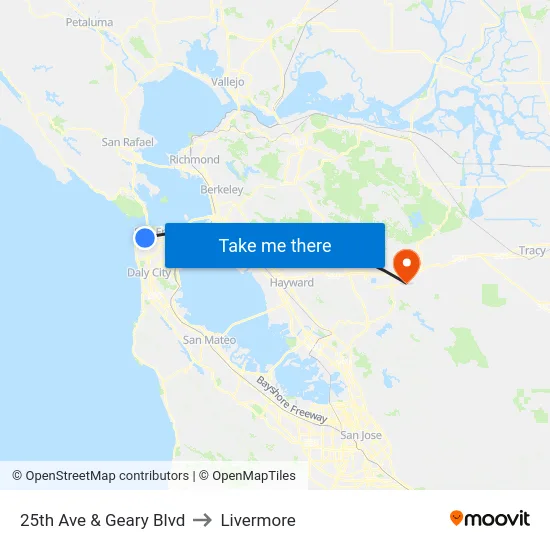 25th Ave & Geary Blvd to Livermore map