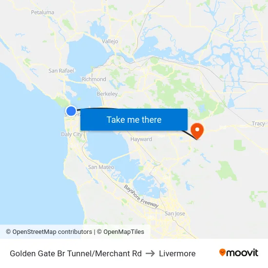 Golden Gate Br Tunnel/Merchant Rd to Livermore map