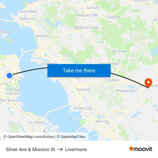 Silver Ave & Mission St to Livermore map