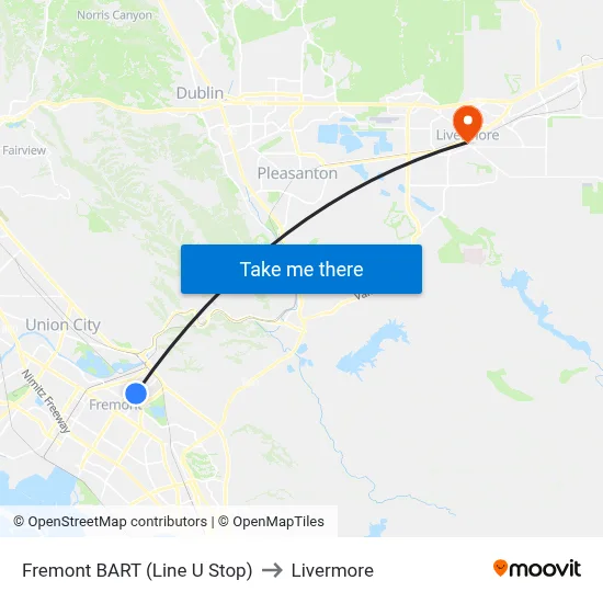 Fremont BART (Line U Stop) to Livermore map