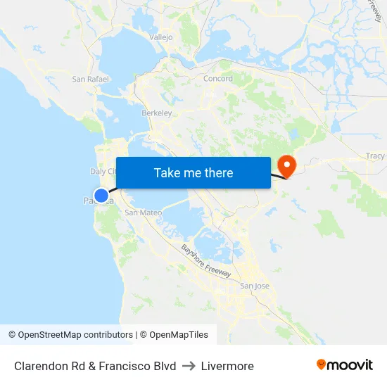 Clarendon Rd & Francisco Blvd to Livermore map