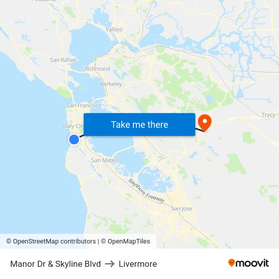 Manor Dr & Skyline Blvd to Livermore map