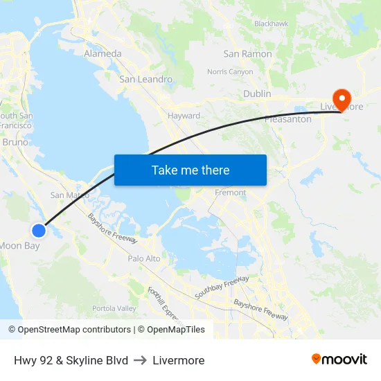 Hwy 92  & Skyline Blvd to Livermore map