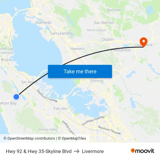 Hwy 92 & Hwy 35-Skyline Blvd to Livermore map
