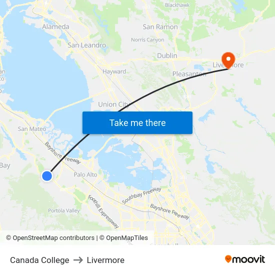 Canada College to Livermore map