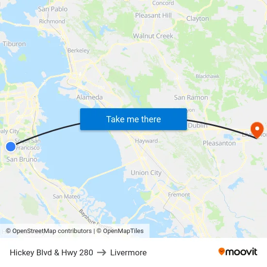 Hickey Blvd & Hwy 280 to Livermore map