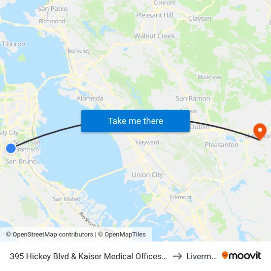 395 Hickey Blvd & Kaiser Medical Offices Driveway to Livermore map