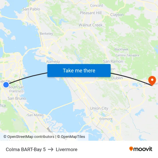 Colma BART-Bay 5 to Livermore map